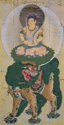 De Bodhisattva Manjushri rijdend op een leeuw die damp uitademt, illustratie naar een kakemono uit de elfde eeuw van de tempel van Kozan-Ji in Yamashiro, gepubliceerd in The Kokka magazine, mei 1904